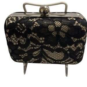 BEBE Lace & Sequin Black & Silver Mini Clutch